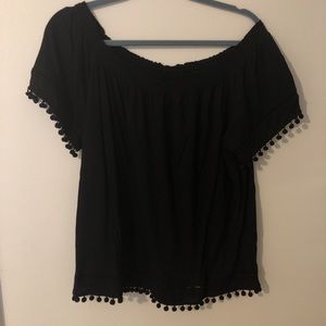 Black Off the Shoulder Pom Pom Blouse